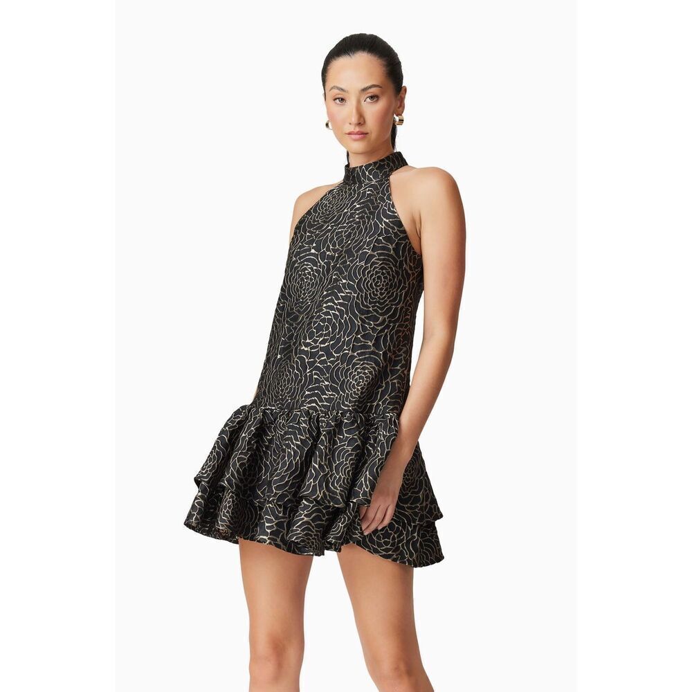 Elliatt Deanna Halter Mini Dress Black/Gold Party Cocktail Wedding size S NWT